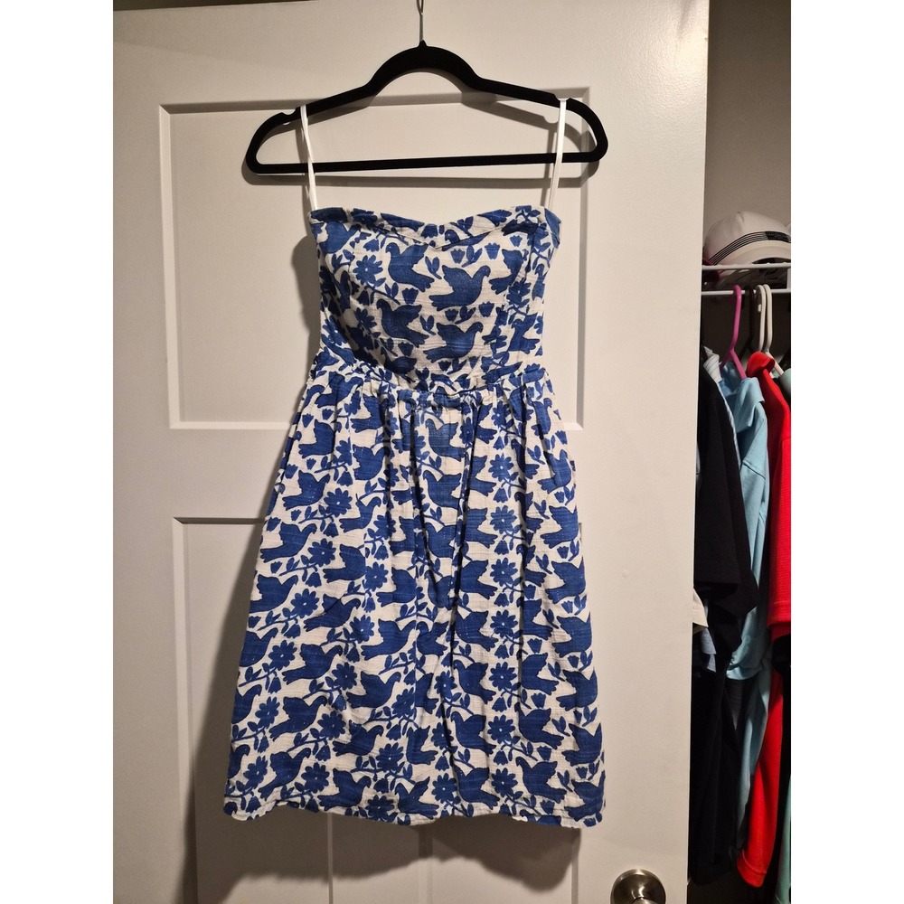Old Navy Womens Blue White Bird Floral Strapless Fit Flare Dress Size 4